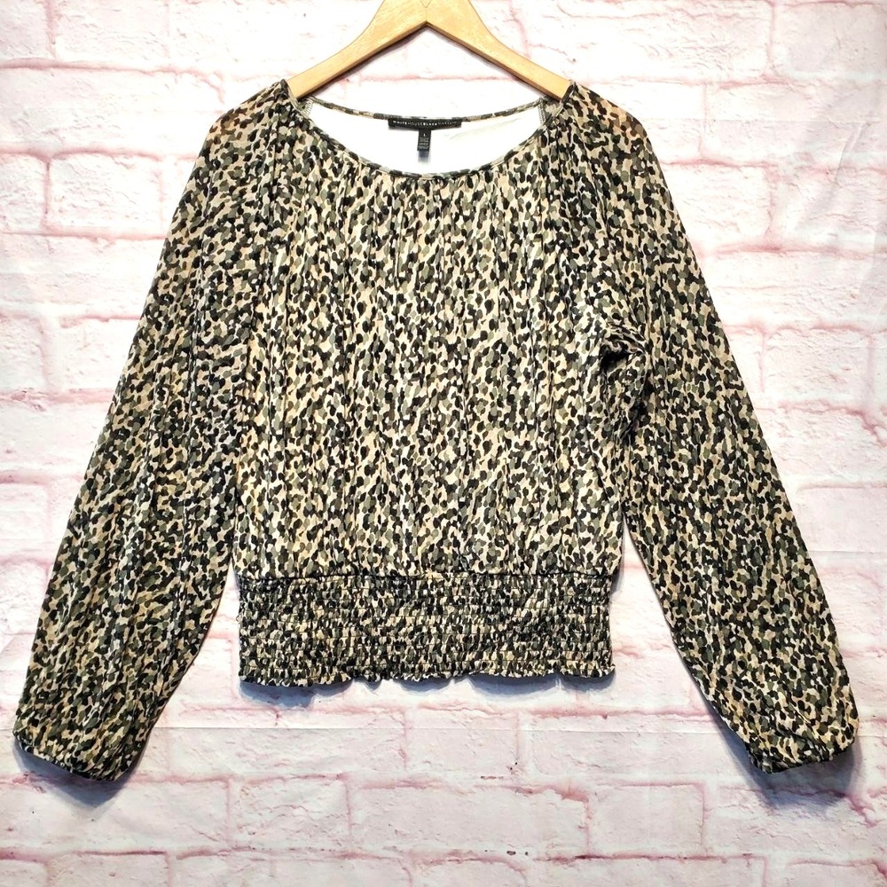 White House‎ Black Market Abstract Camo Smocked Waist Blouse Top Womens L